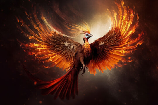 Illustration of a celestial phoenix in fire. Symbol of rebirth. Fenix with burning wings and feathers. Generative AI