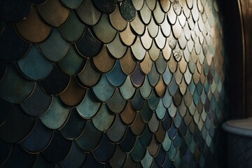 Fish scale wall made of 3D tiles on a semigloss, textured natural stone background. 3D render. Generative AI