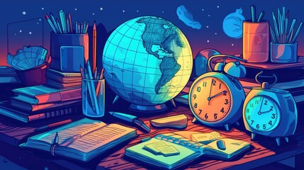 desk with school work tools, with clocks and globe, colored pencils for homework