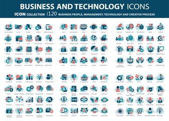Business people, management and technology icons set. Businessman icons collection. Teamwork, human resources, meeting, partnership, work group, success, resume, creative process	
