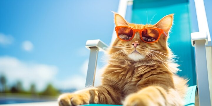 Red cat Maine Coon in sunglasses sits an relax in dack chair on nature background, copy space