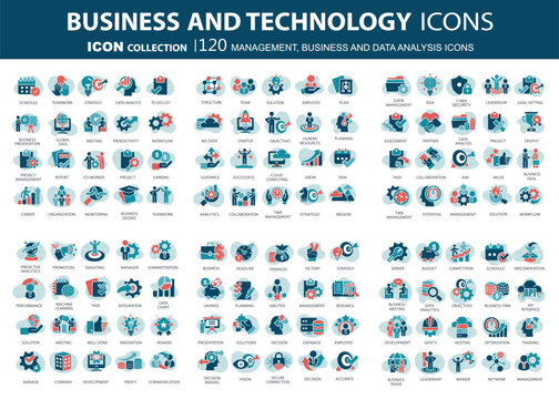 Business, data analysis, organization management and technology icon set. Teamwork, strategy, planning, marketing, cloud technology, data analysis, employee icon set. Icons vector collection	
