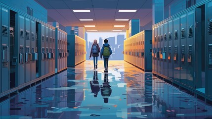 Obraz premium Male and female students leaving their supplies in the lockers to enter their classes on the day back to school