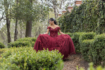 Long Shot Of A Quinceanera Posing In Her Party Dress
