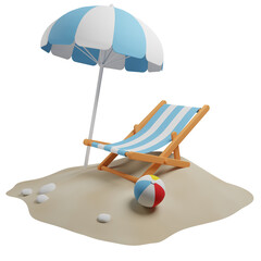 Beach Chair, Blue Umbrella and Ball, Summer holiday and travel 3D illustration