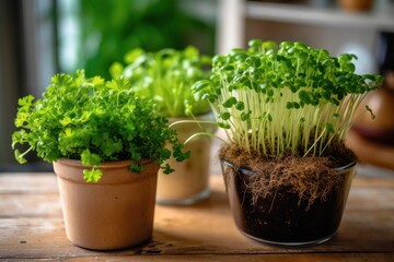 microgreens in the kitchen. Healthy eating concept. Fresh garden produce organically grown as a symbol of health. Microgreens closeup. Generative AI