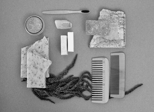 Wellness products in black and white flat lay