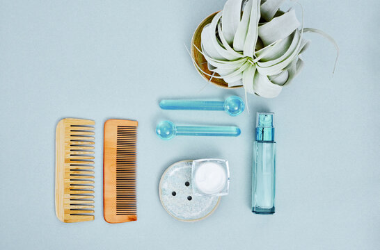 Wellness and personal care blue flat lay