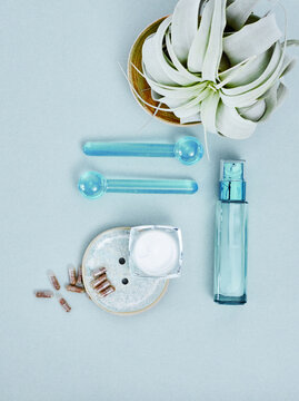 Self-care products flat lay with blue tones