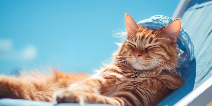 cat Maine Coon in sunhat sits and relax in dack chair on nature background, copy space