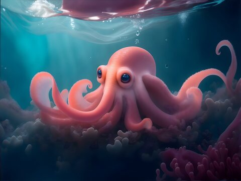 Cute dumbo octopus on bottom of the ocean 
