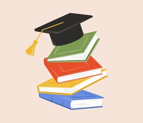Colorful books, academic hat on top.  Graduation, back to school idea