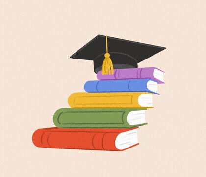 Colorful books and academic hat - graduation and learning journey.