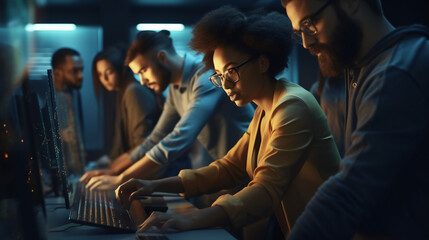 The process of creating a technological product of programmers, an office with computers and a team of developers.