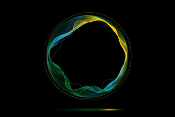 Round frame made of dynamic neon curved lines for technology concepts, user interface design, web design. Green and yellow lines. Black background. Vector illustration