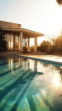 contemporary house with a stunning sunset swimming pool in the foreground, cool summer light, vertical Generative AI technology