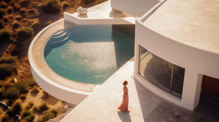 Obraz na płótnie Canvas woman in a red dress standing in front of a modern swimming pool at sunset, amazing white architecture in Provence, created with Generative AI technology