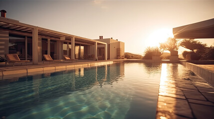 stunning modern swimming pool at sunset, summer light color, AI