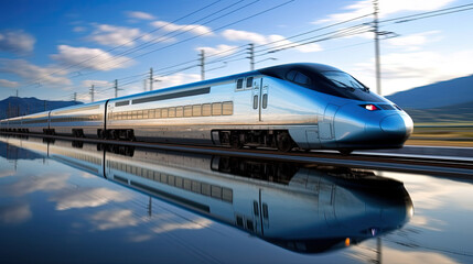 A high-speed train speeding through a picturesque rural countryside, blue sky and modern reflexion, transport wallpaper, created with Generative AI technology - obrazy, fototapety, plakaty