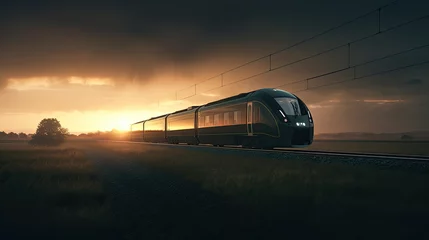 Abwaschbare Fototapete Dunkelbraun A high-speed train racing through the countryside, showcasing the future of ecological transport, sunset light, orange dramatic color,  created with Generative AI technology