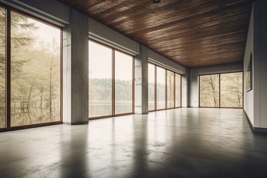 Contemporary empty room with white walls, concrete floor, wooden ceiling, and a large window with nature view. Generative AI