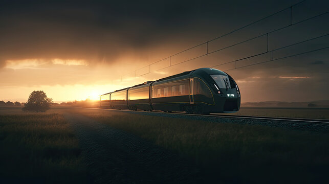 A high-speed train racing through the countryside, showcasing the future of ecological transport, sunset light, orange dramatic color,  created with Generative AI technology