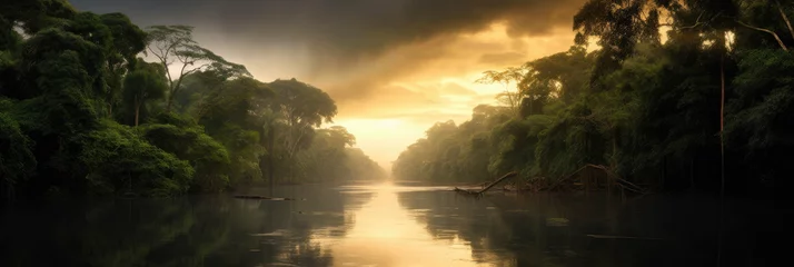 Fotobehang Panoramic view of the Amazon, a serene river flowing through a picturesque landscape with lush trees, AI © kiddsgn