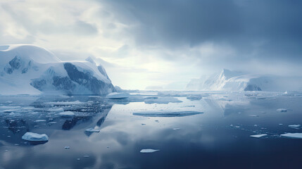 melting arctic ice banner, an iceberg floating in the ocean surrounded by other icebergs, AI