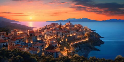 Fototapeta na wymiar mediterranean landscape with ocean and sunset sky, beautiful island with a ancient village, fictional landscape created with generative ai