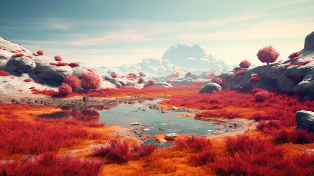 red vibrant 3D landscape from a other planet, video game background, surreal wallpaper, generated, AI 
