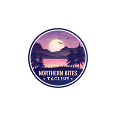 Vintage-styled wild colorful nature sunshine river Northern light mountains forest badge or label or sticker design template