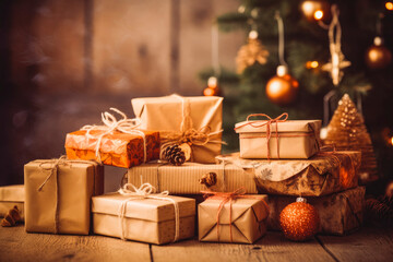 A pile of beautiful Christmas presents. Quantities of Christmas gifts on table. Holiday spirit. Generative AI