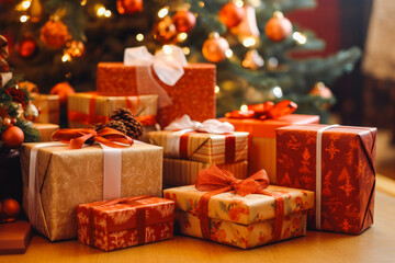 A pile of beautiful Christmas presents. Quantities of Christmas gifts on table. Holiday spirit. Generative AI
