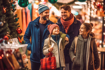 Family shopping for Christmas presents. Happy family with gifts. Christmas spirit and joy. Generative AI