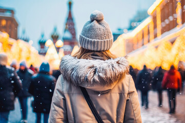 Girl walking on Christmas market at Red square in Moscow. Christmas market and shopping concept. Fairy lights and snow. Generative AI