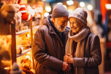 Having fun together at Christmas fair. Older couple enjoying the Christmas market together. Generative AI