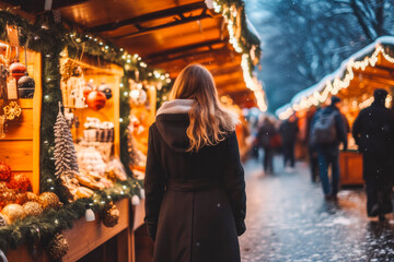 Fototapeta na wymiar Girl walking around at Christmas market. Portrait with lights in background. Generative AI