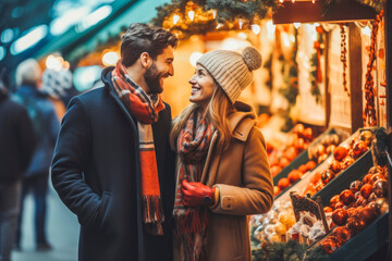 Having fun together at Christmas fair. Couple enjoying the Christmas market together. Generative AI