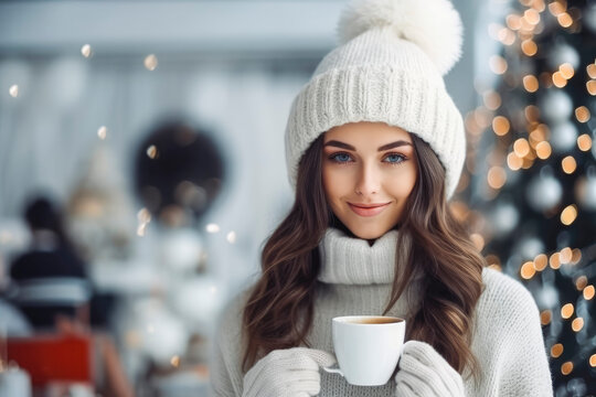 Beautiful woman with a cup hot drink, tea or coffee or mulled wine at Christmas market. Generative AI
