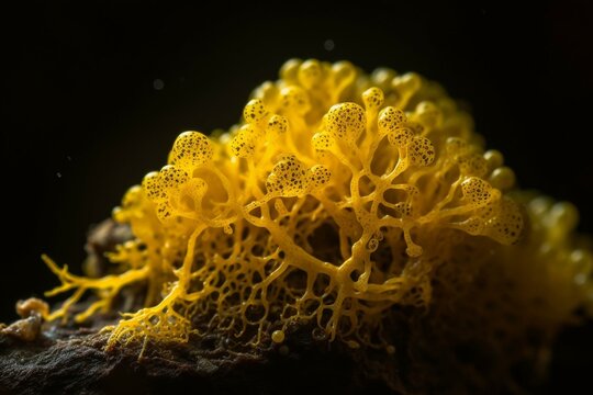 Close-up of yellow slime mold (physarum polycephalum) strands, backlit and isolated. 2021. Generative AI