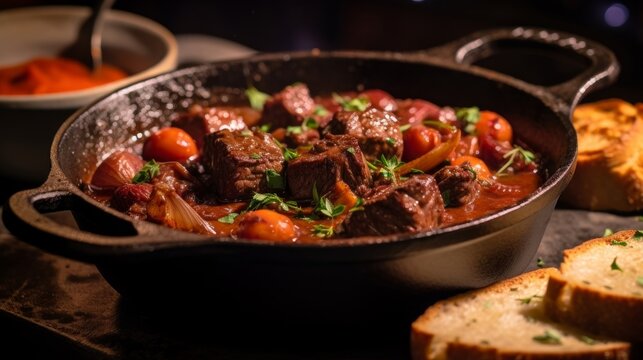 Beef Bourguignon served in a cast iron pot with a side of crusty bread