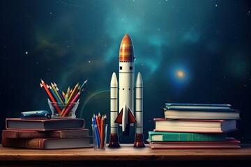 Back To School - Books And Pencils With Rocket Sketch copy space,Generative AI	
