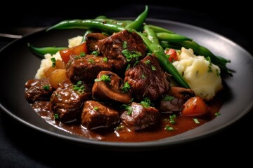 Beef Bourguignon with mashed potatoes and a side of green beans