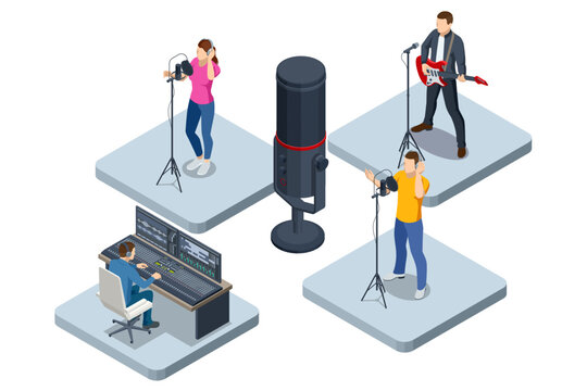 Isometric Music Recording Studio. Engineer working on recording studio mixer. Studio microphone. Woman singing into a condenser microphone