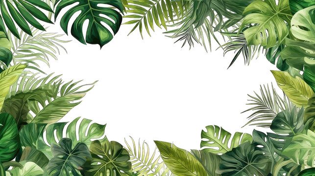 Fototapeta Tropical frame with exotic jungle plants, palm leaves, monstera and place for text, transparent background