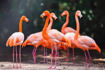 Fototapeta na wymiar Group of flamingo birds gathering in natural habitat, beautiful animals in wild. Generative AI