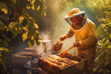 Man beekeeper harvesting honey from beehives in apiary, wearing a safety full body protective outfit. Generative AI