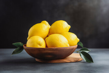 Close up shot of fresh lemons in wooden bowl with dark background. Generative AI