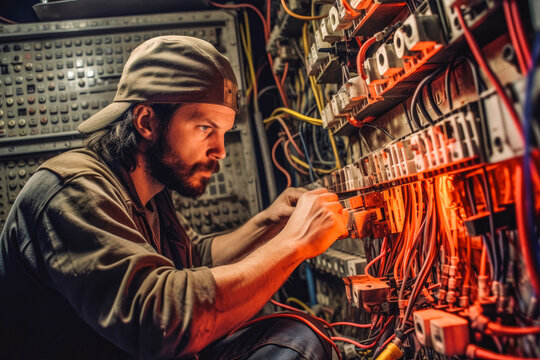 An electrician installing new leads and fuses, focus on work. Generative AI