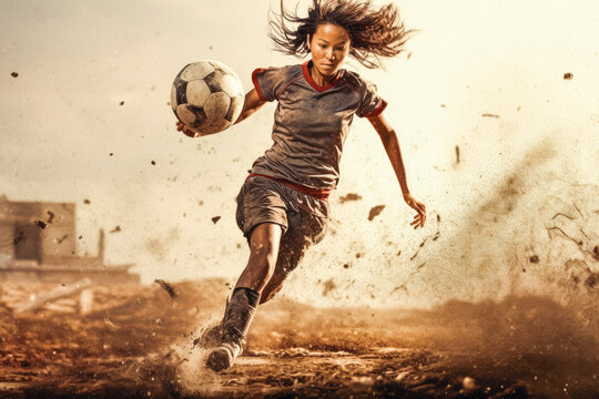 Athlete girl playing soccer with dramatic effect in the background. Generative AI